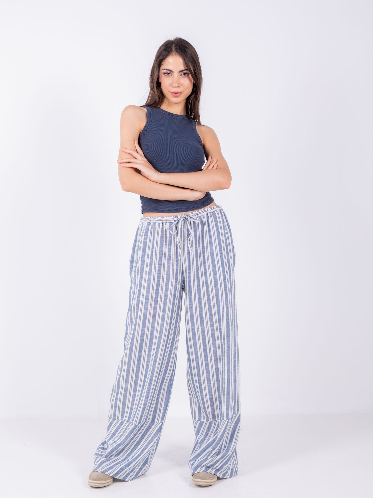 Linen Wide-Leg Striped Trousers - Blue