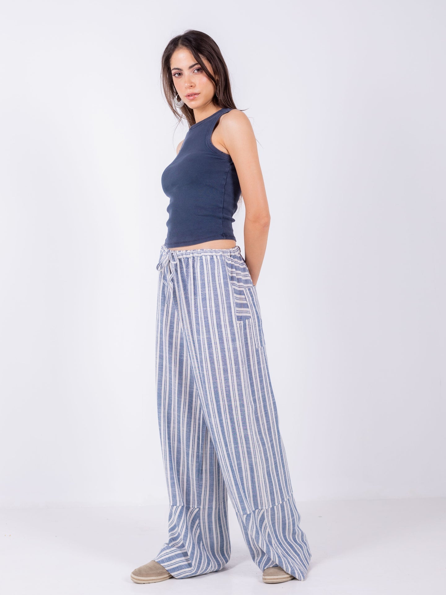 Linen Wide-Leg Striped Trousers - Blue