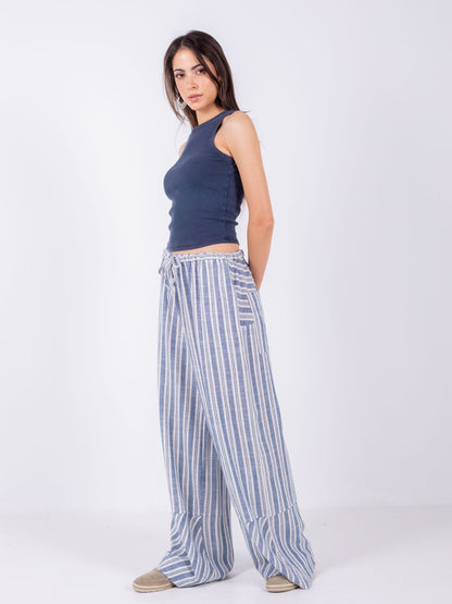 Linen Wide-Leg Striped Trousers - Blue