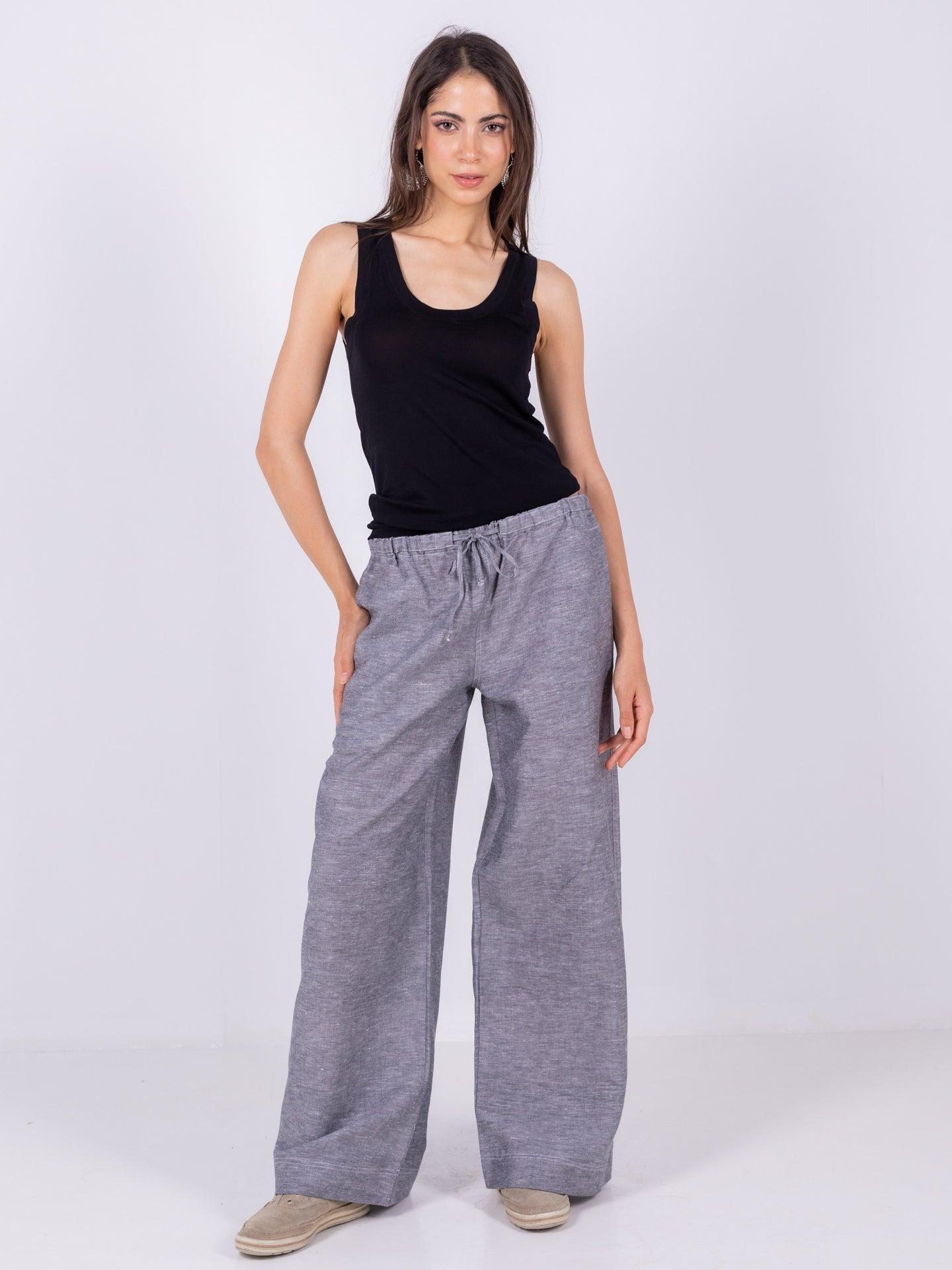 Linen Wide-Leg Trousers - Grey