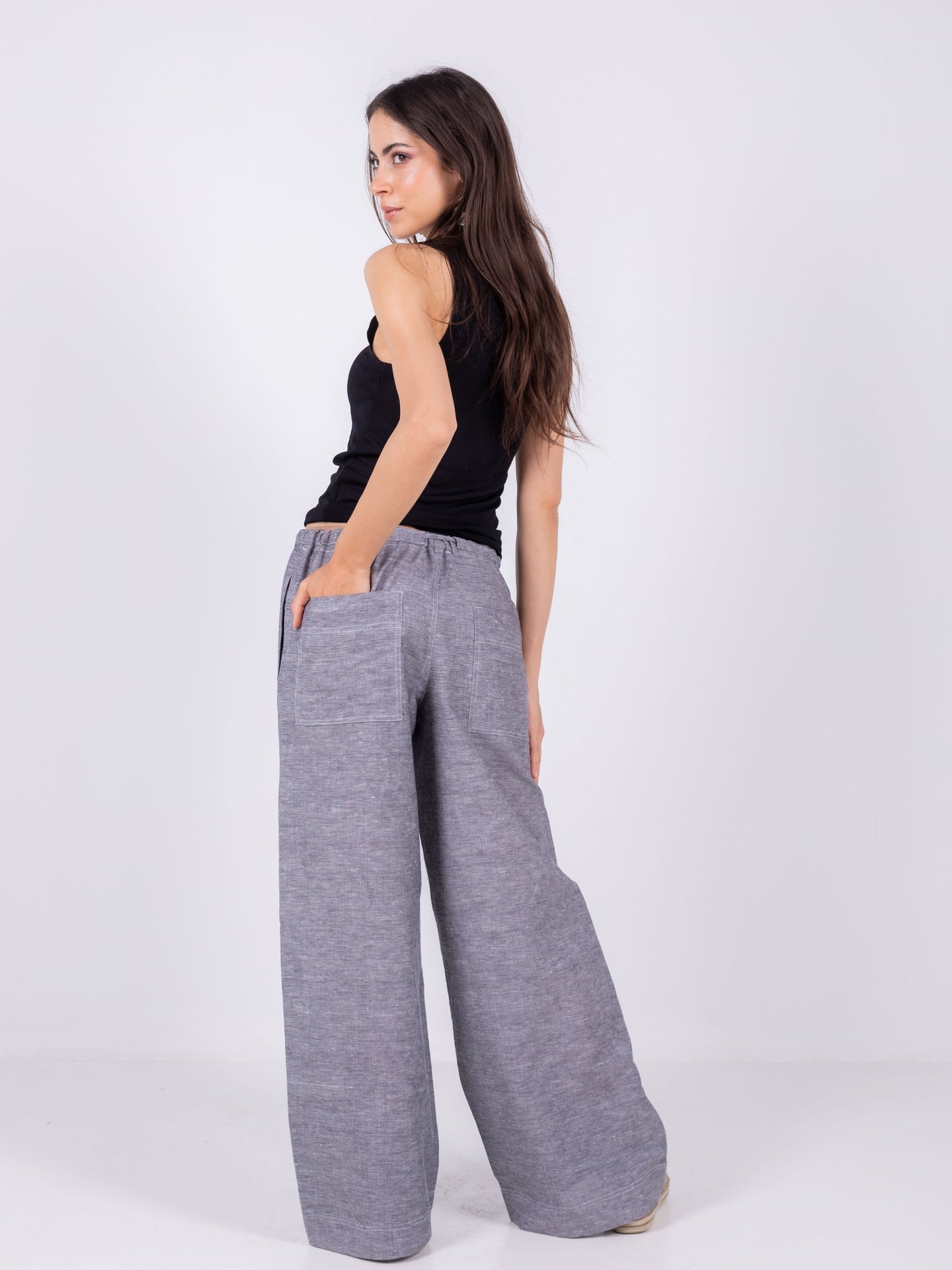 Linen Wide-Leg Trousers - Grey