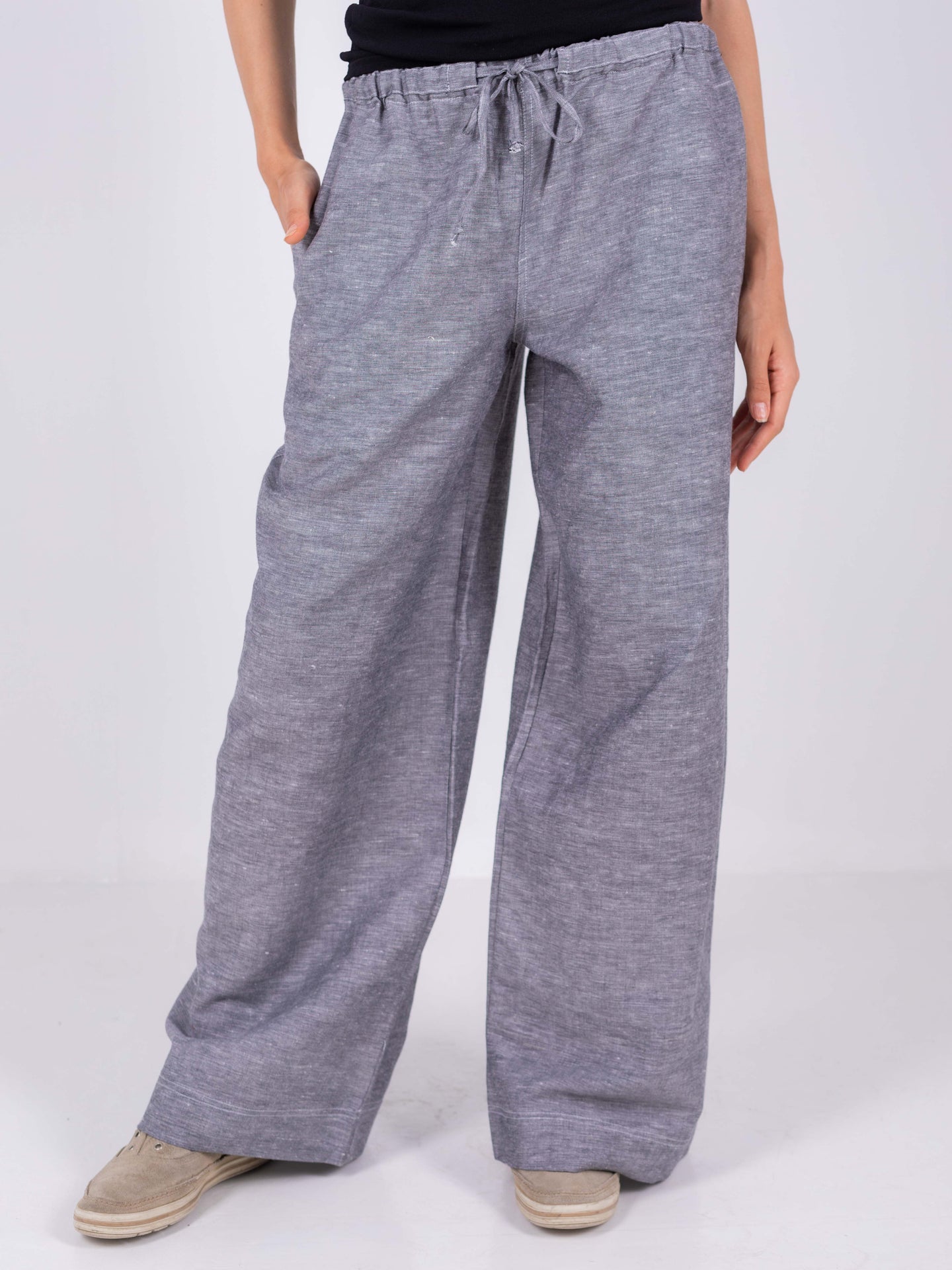 Linen Wide-Leg Trousers - Grey