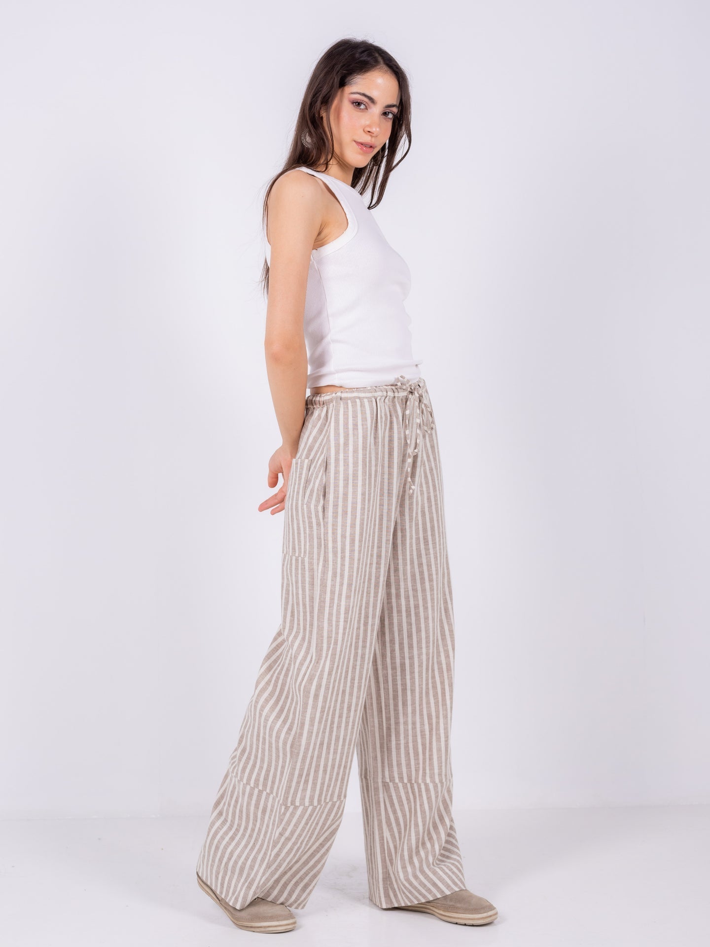 Linen Wide-Leg Striped Trousers - Beige