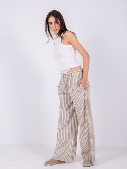 Linen Wide-Leg Striped Trousers - Beige