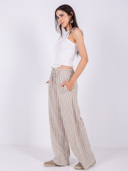 Linen Wide-Leg Striped Trousers - Beige