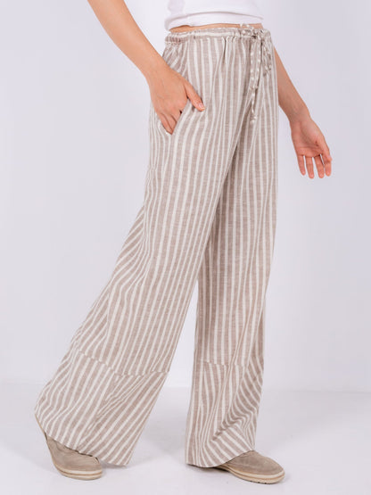 Linen Wide-Leg Striped Trousers - Beige
