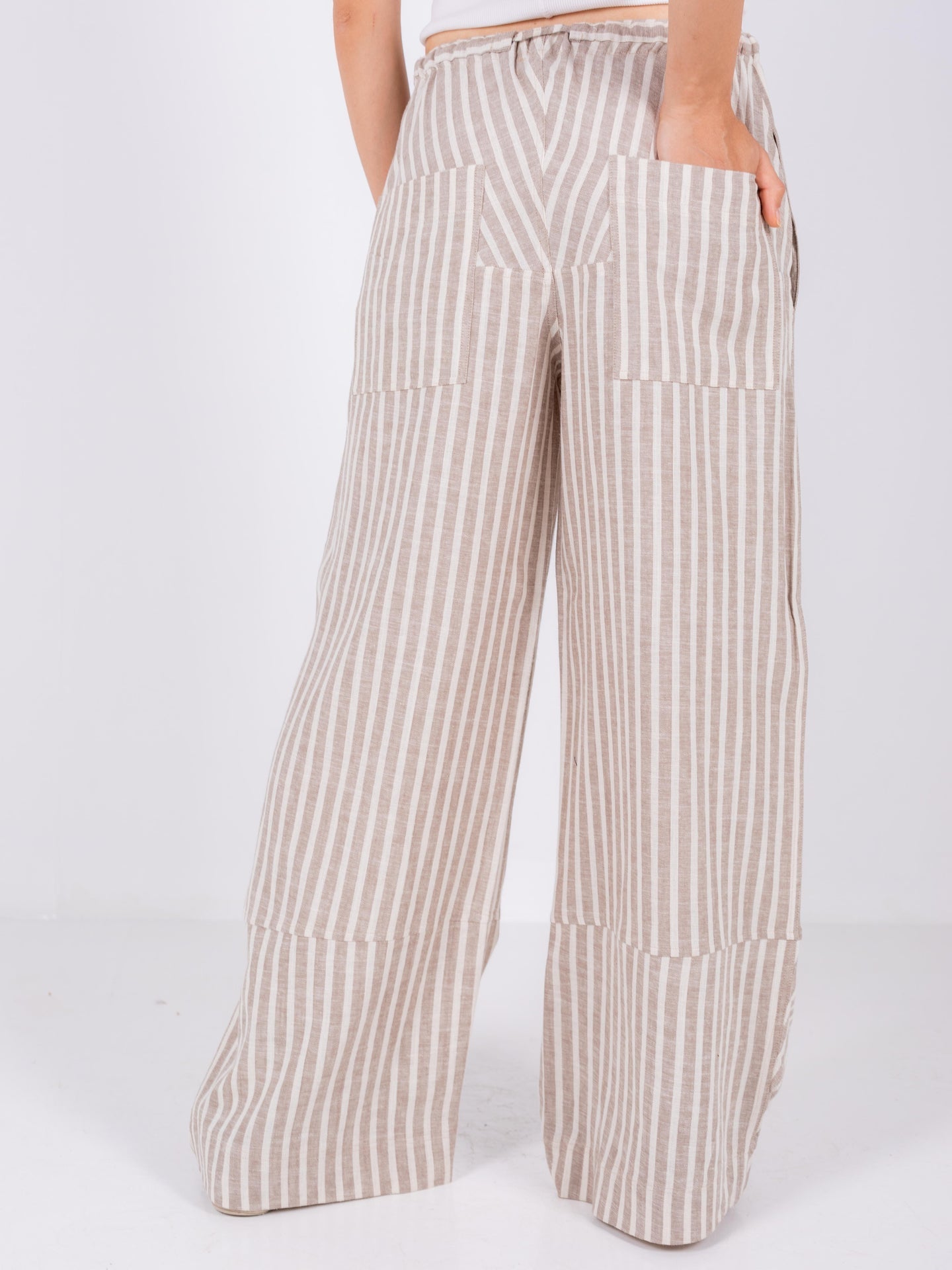 Linen Wide-Leg Striped Trousers - Beige