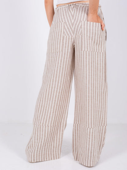 Linen Wide-Leg Striped Trousers - Beige