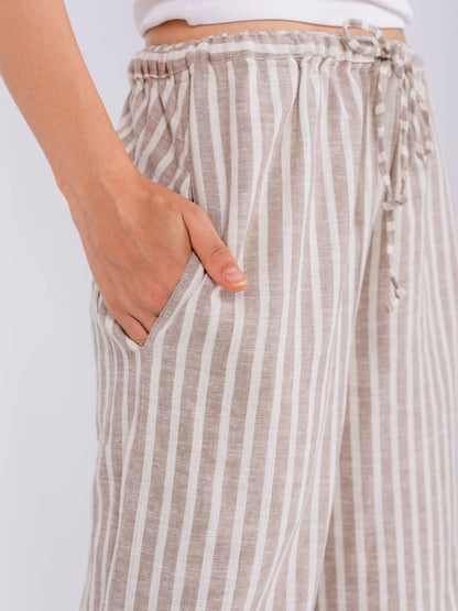 Linen Wide-Leg Striped Trousers - Beige