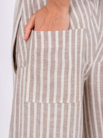 Linen Wide-Leg Striped Trousers - Beige