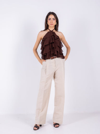 Chiffon Ruffled Halter Top – Brown