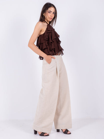 Linen Wide-Leg Trousers - Beige