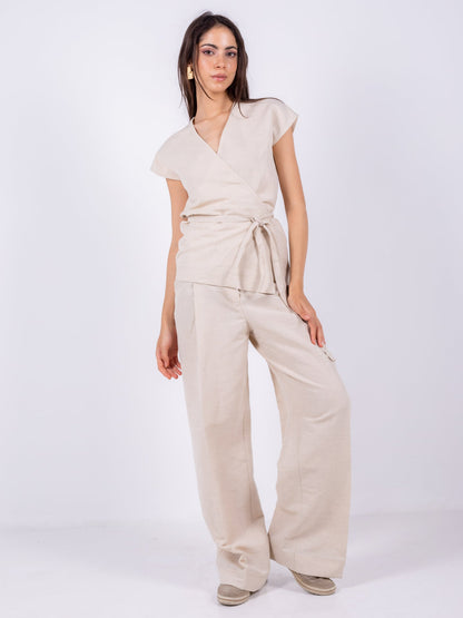 Linen Wide-Leg Trousers - Beige