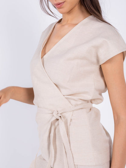 Linen Kimono Wrap Top – Beige
