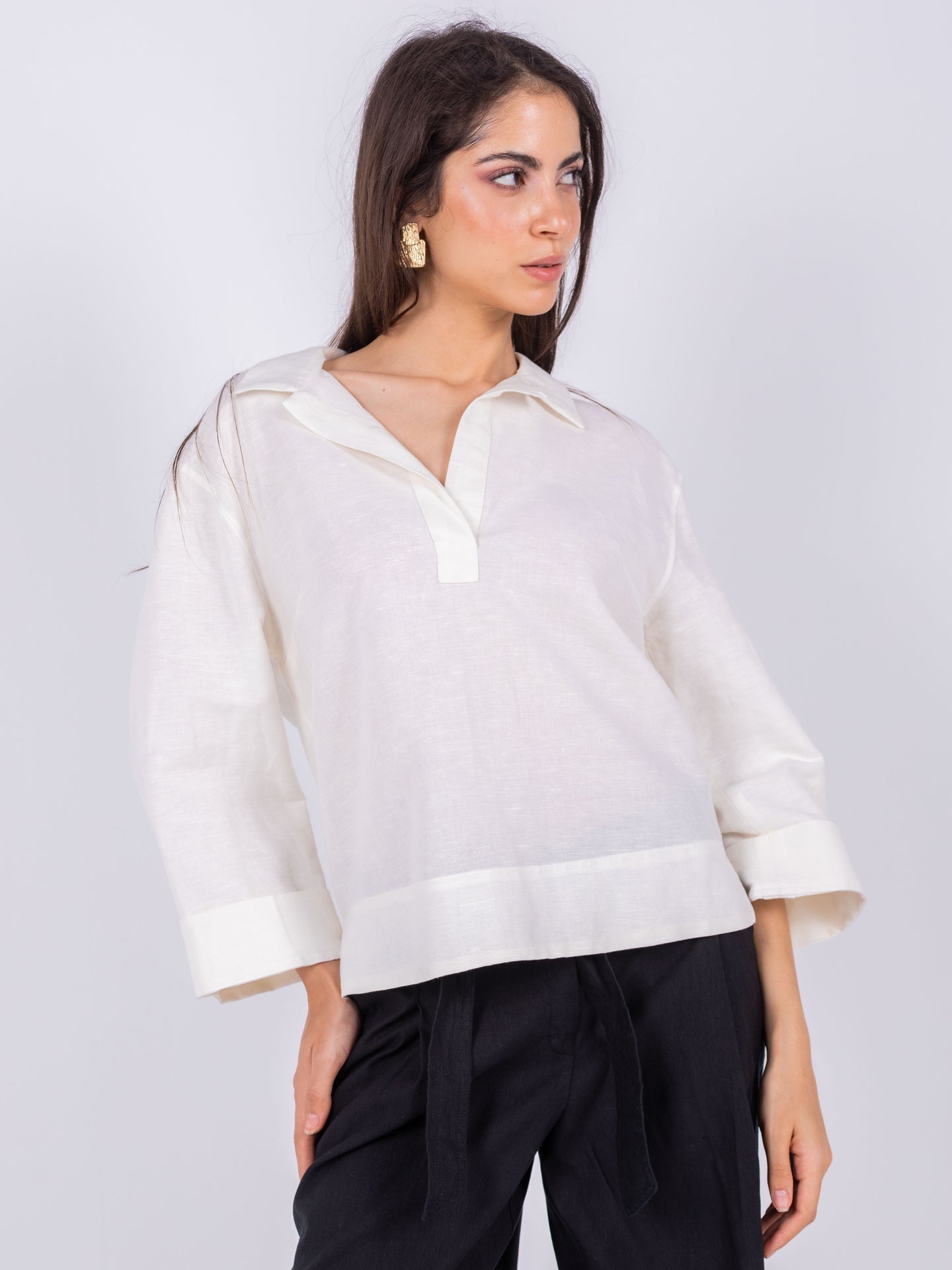 Linen Kimono Sleeve Blouse – White
