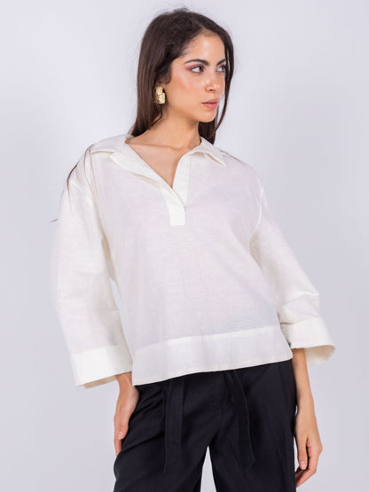 Linen Kimono Sleeve Blouse – White