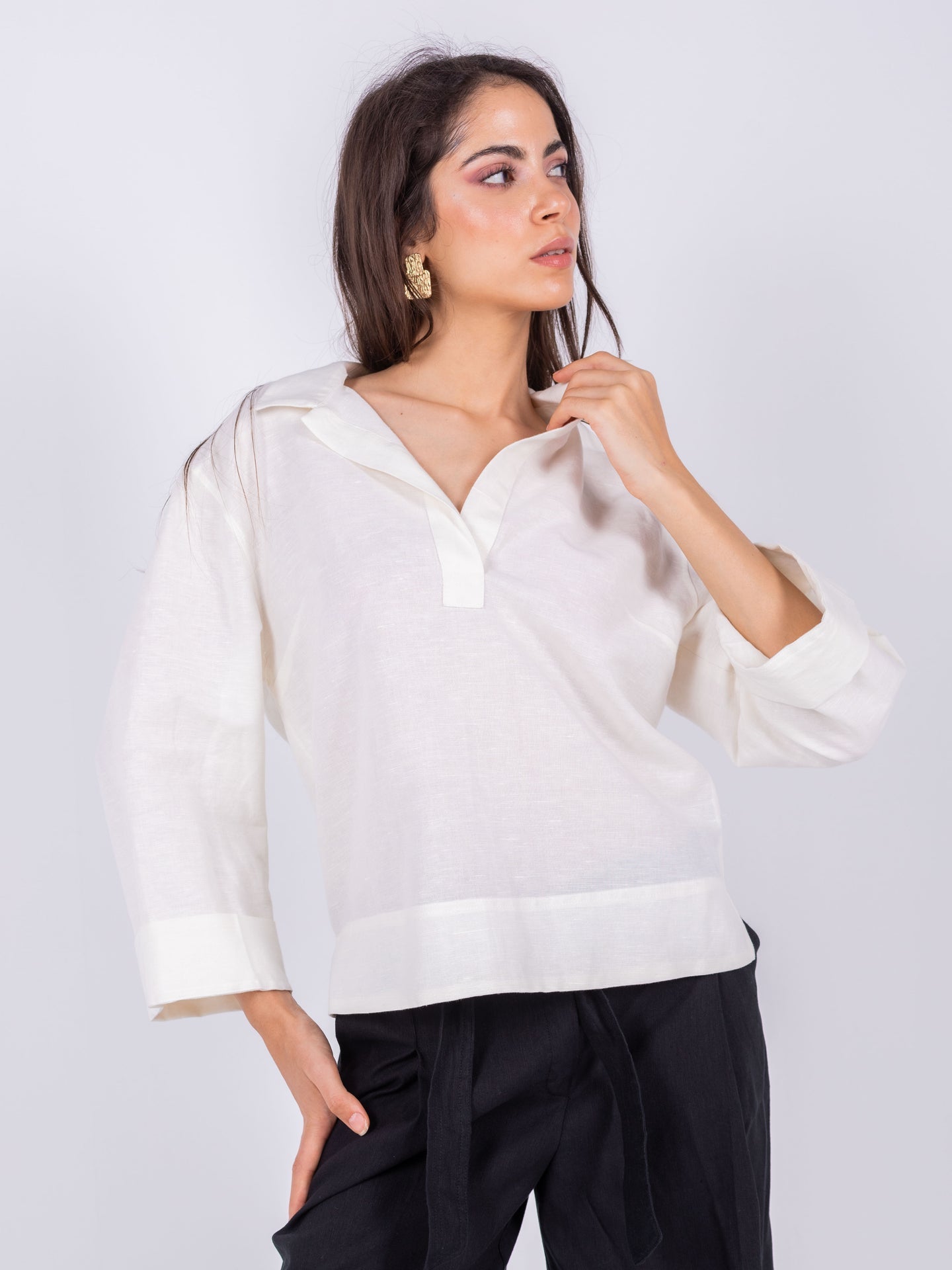 Linen Kimono Sleeve Blouse – White