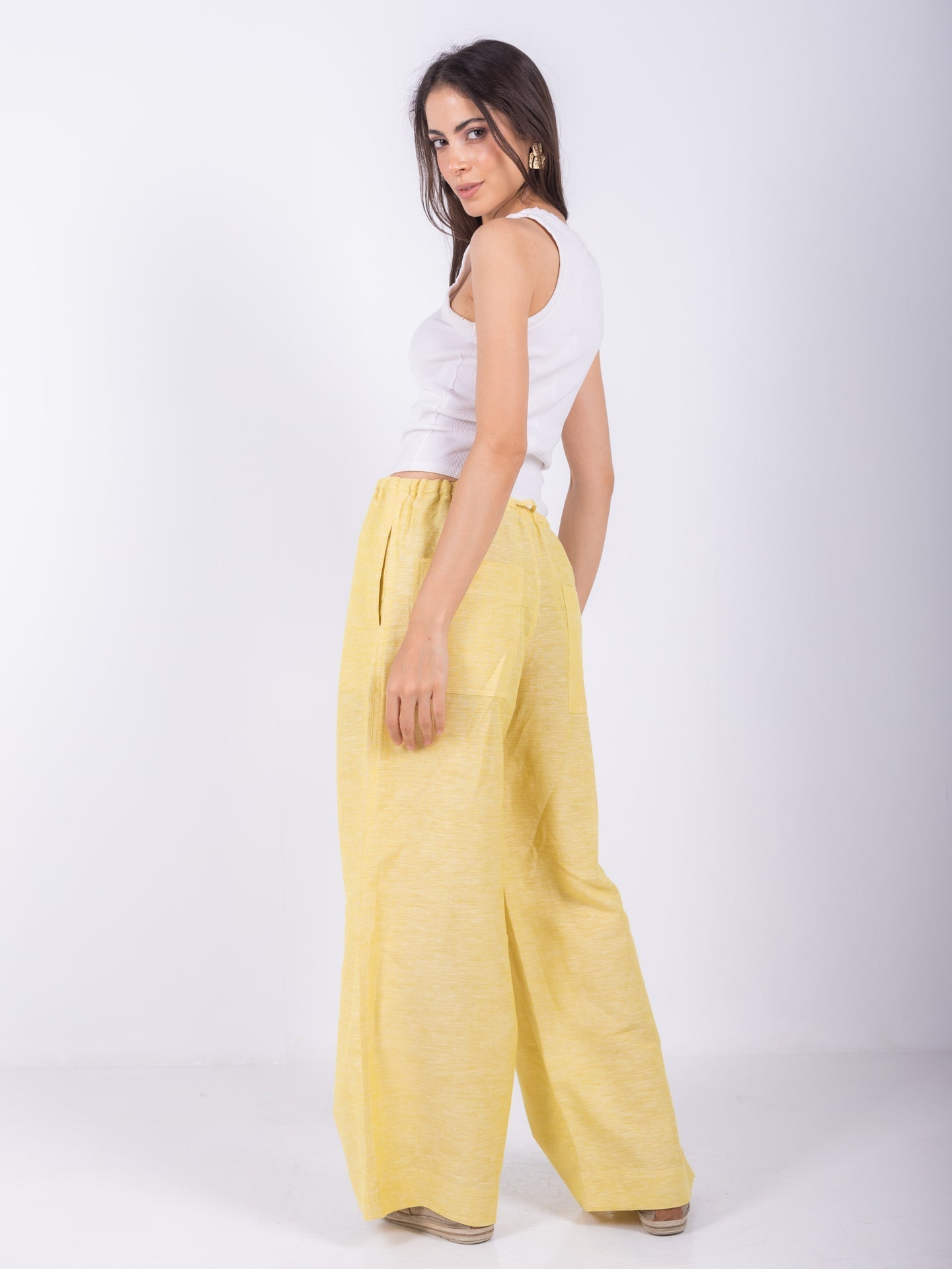 Linen Wide-Leg Trousers - Yellow
