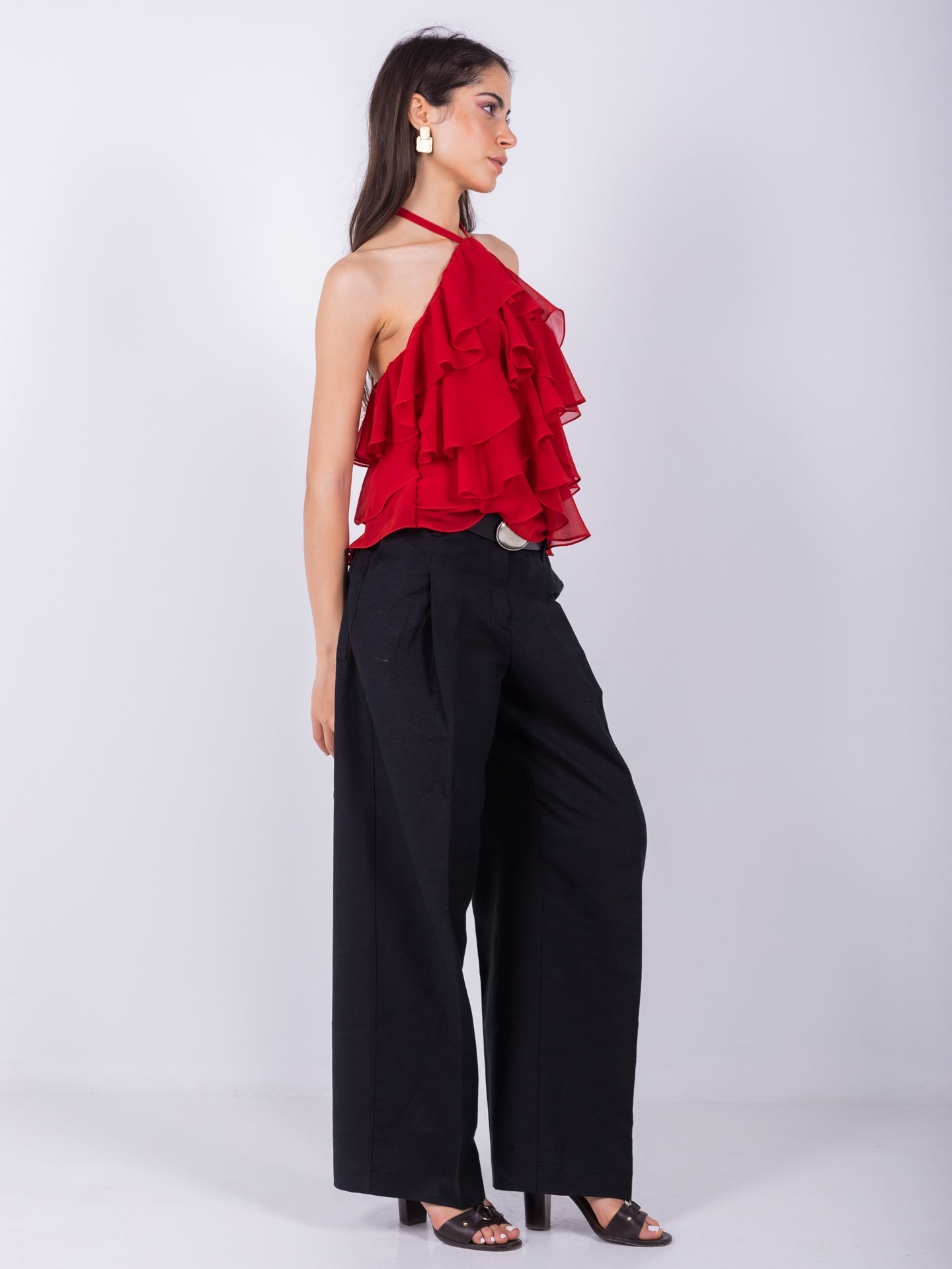 Chiffon Ruffled Halter Top – Red