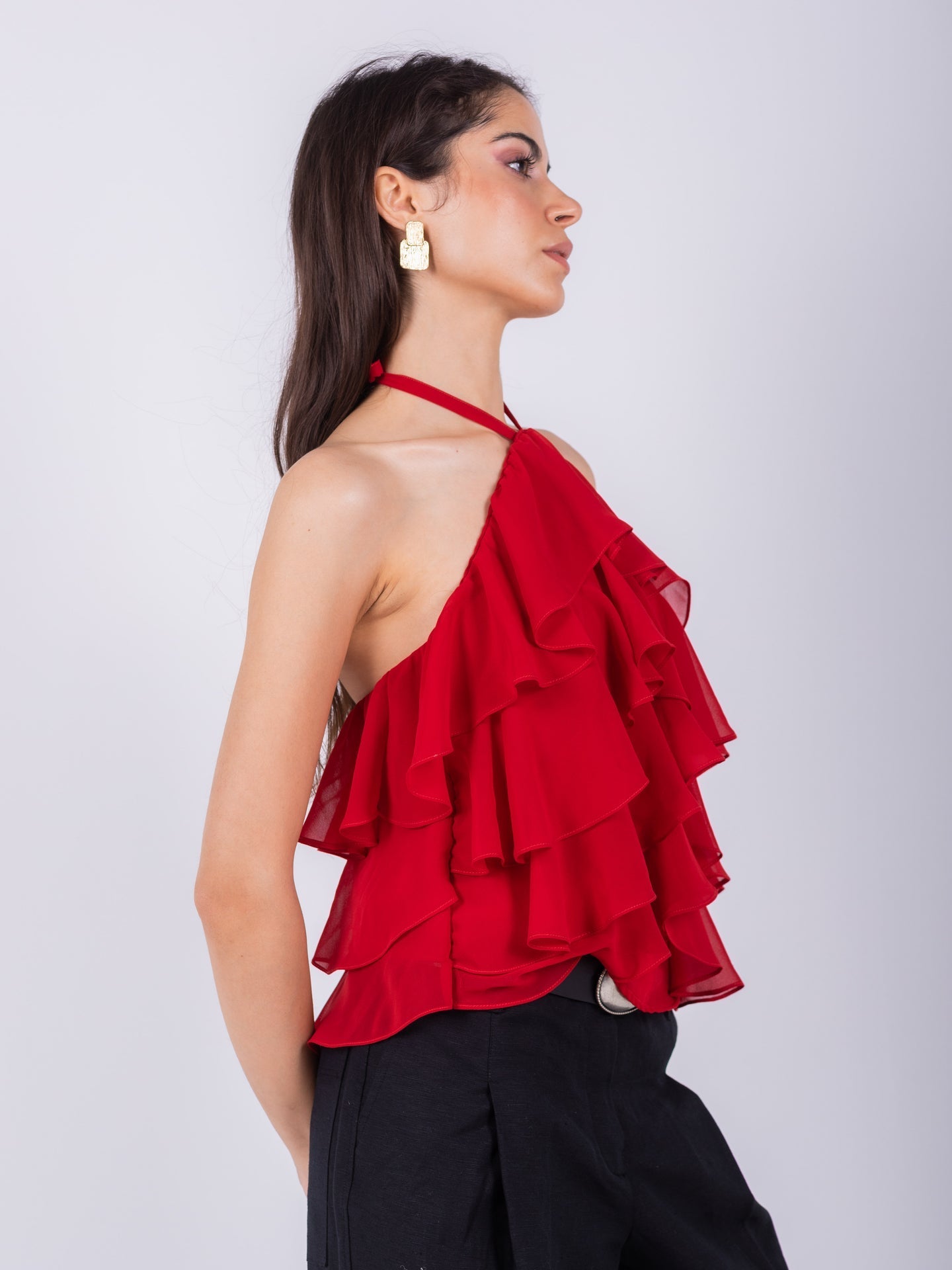 Chiffon Ruffled Halter Top – Red