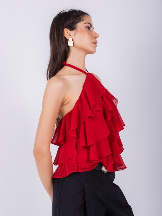Chiffon Ruffled Halter Top – Red