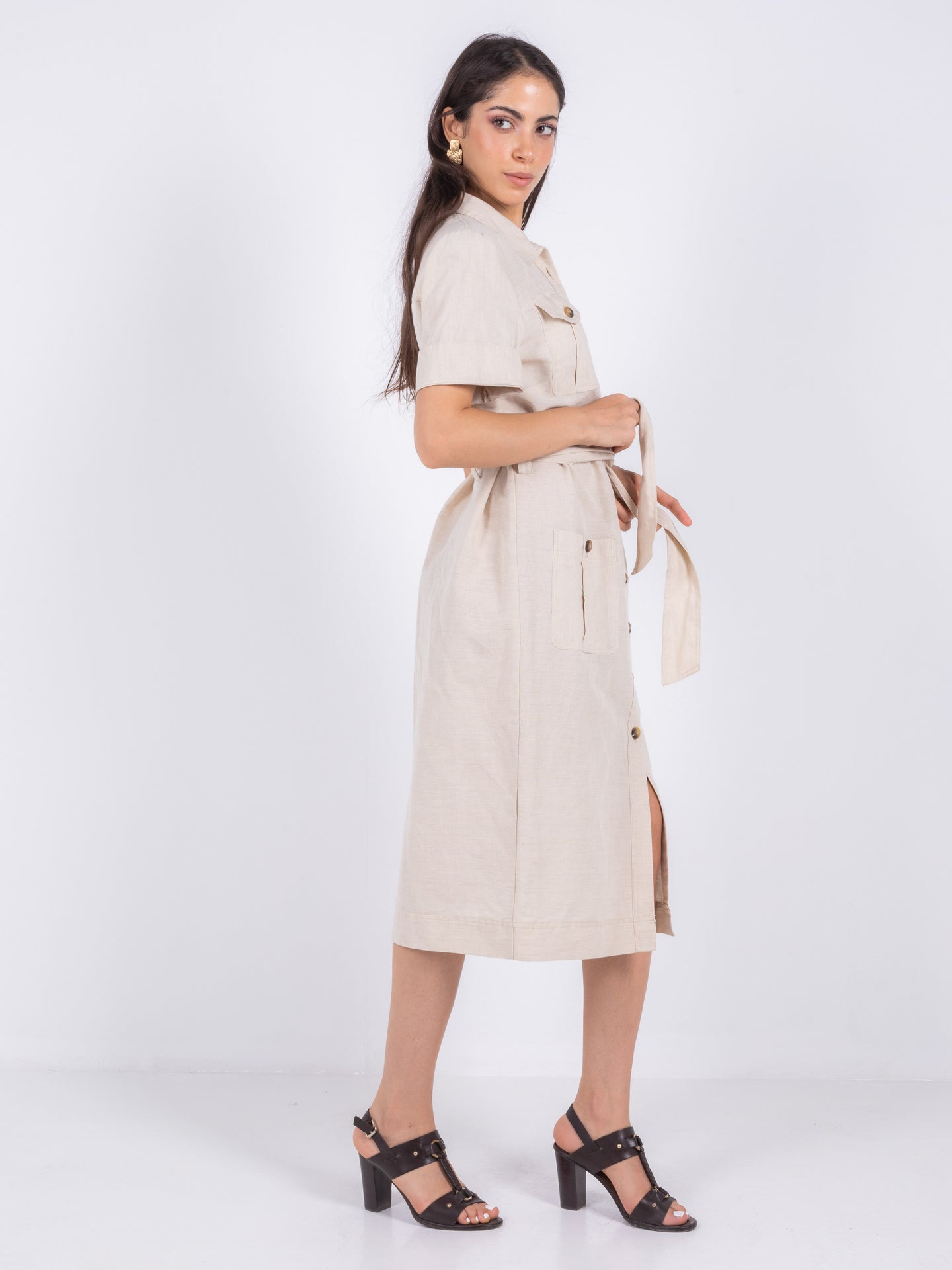 Linen Shirt Midi Dress – Beige