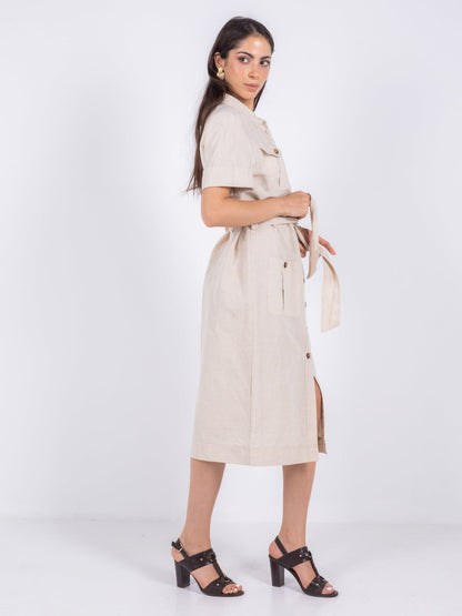 Linen Shirt Midi Dress – Beige