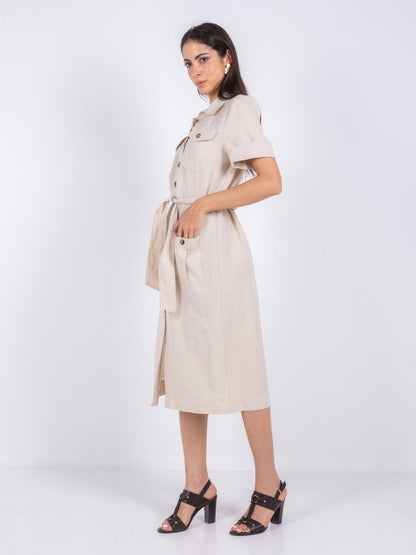 Linen Shirt Midi Dress – Beige