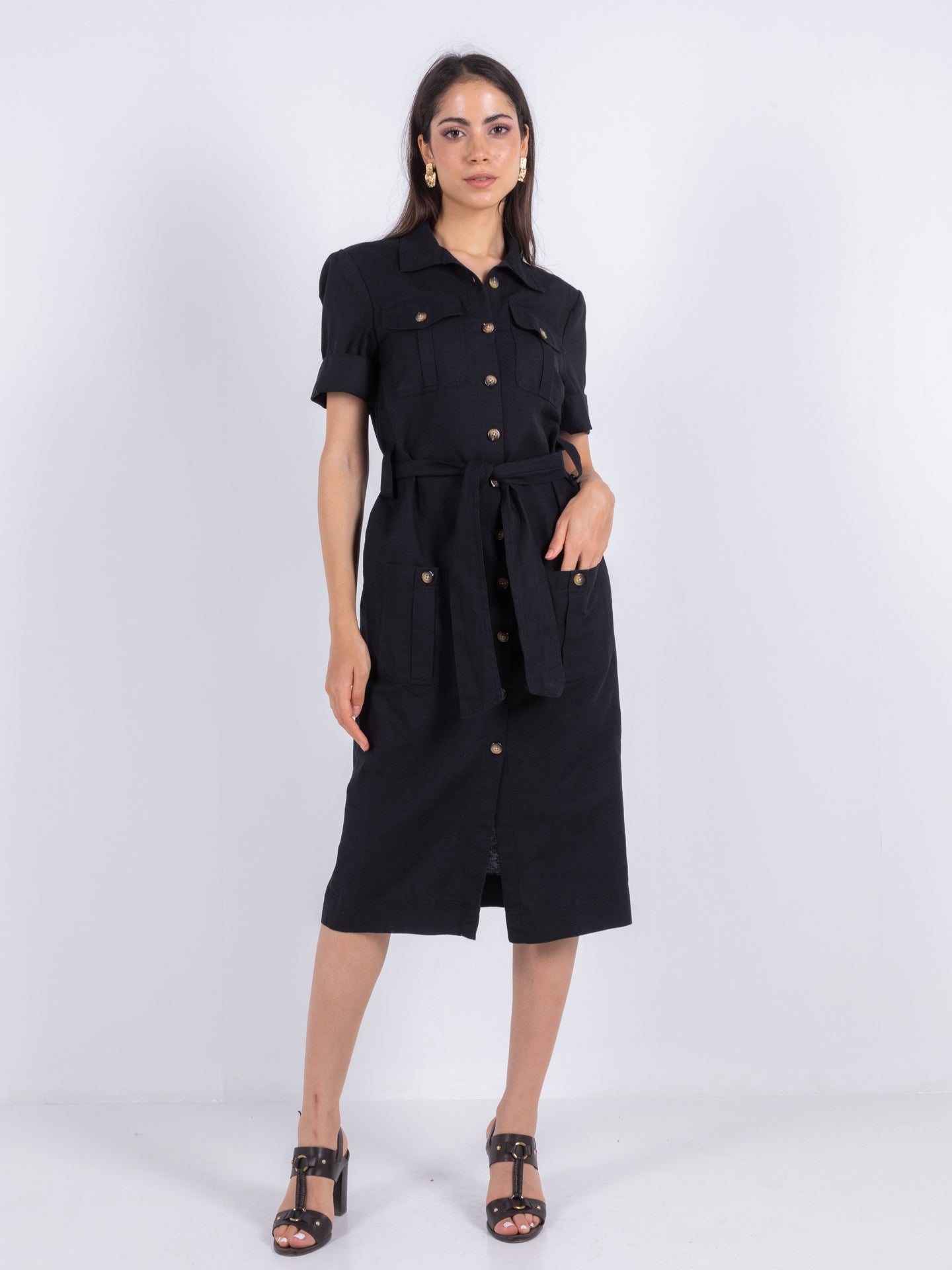 Linen Solid Midi Dress – Black