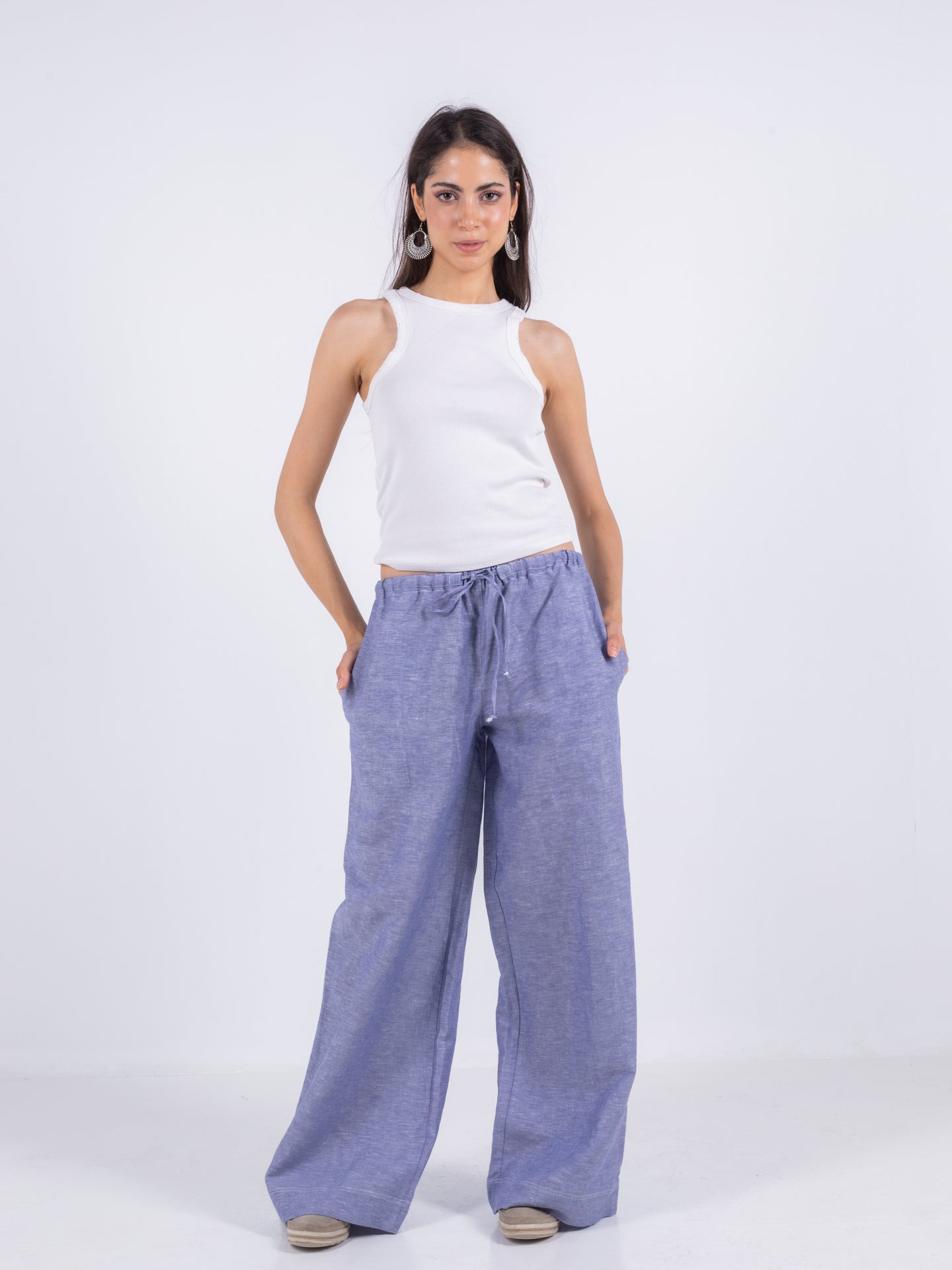 Linen Wide-Leg Trousers - Blue