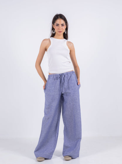Linen Wide-Leg Trousers - Blue