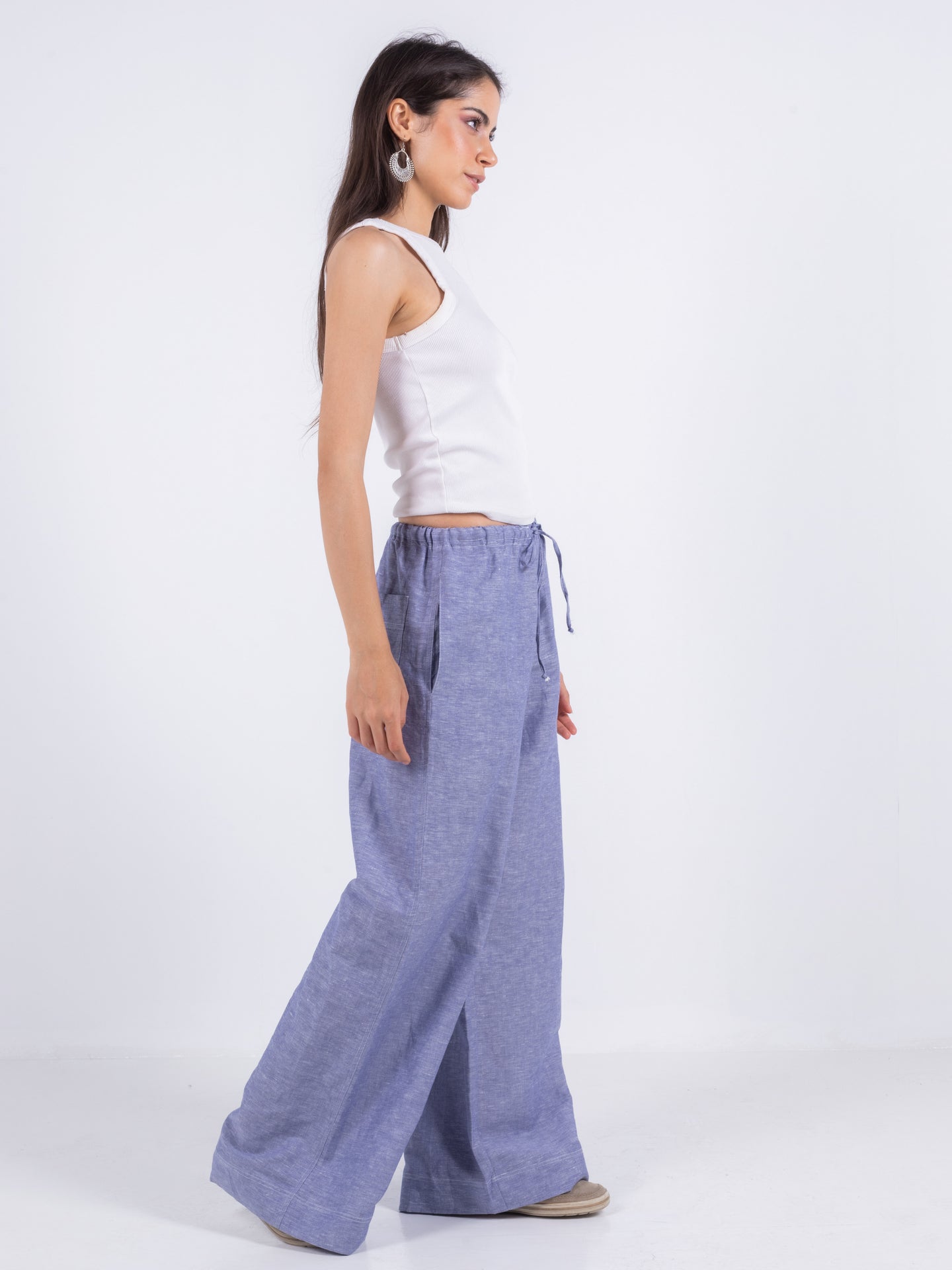Linen Wide-Leg Trousers - Blue