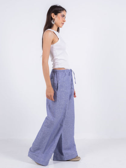 Linen Wide-Leg Trousers - Blue