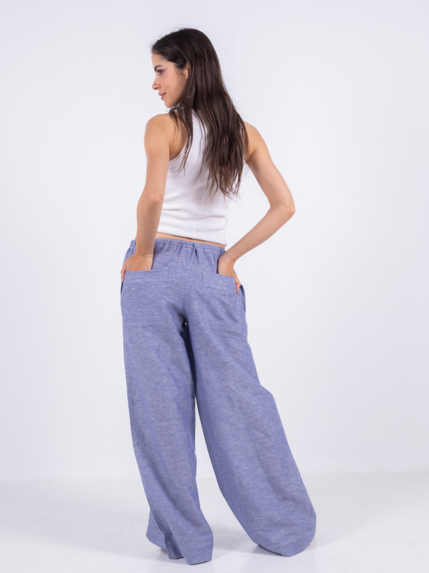 Linen Wide-Leg Trousers - Blue