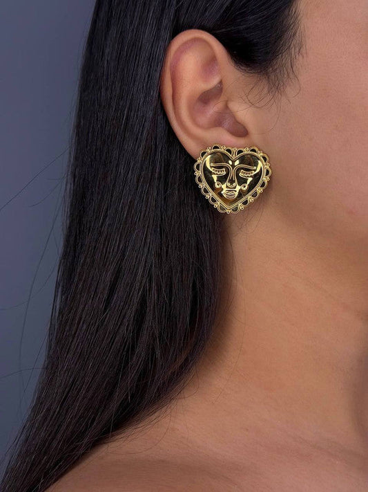 Gold-Plated Face Heart Earrings