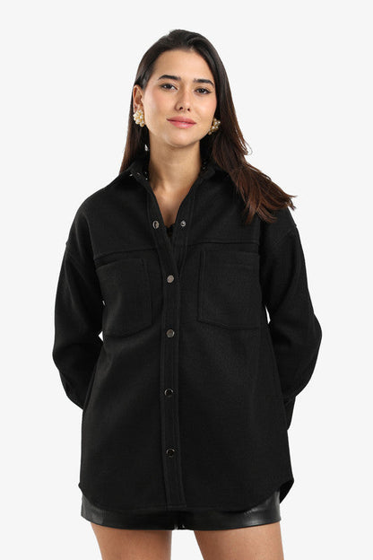 Fleece Solid Overshirt - Black