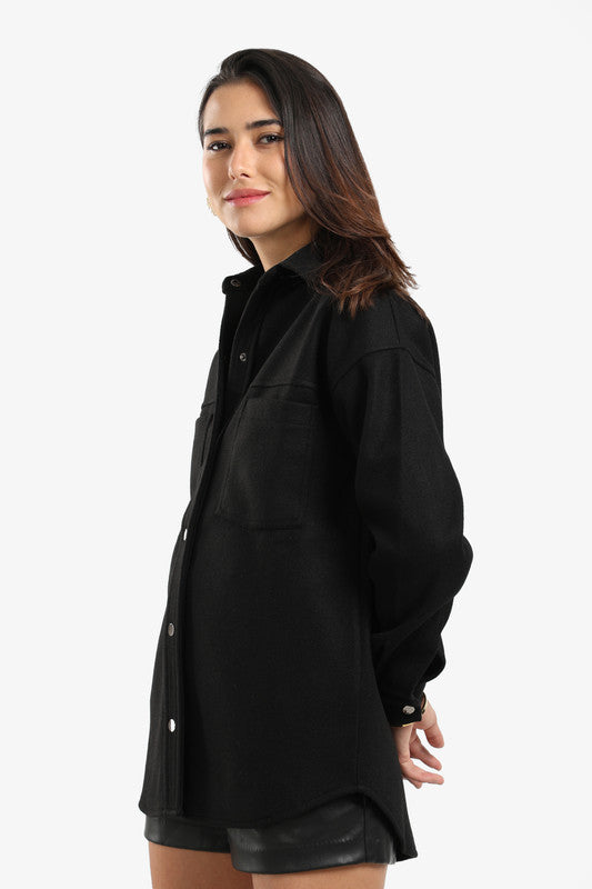Fleece Solid Overshirt - Black