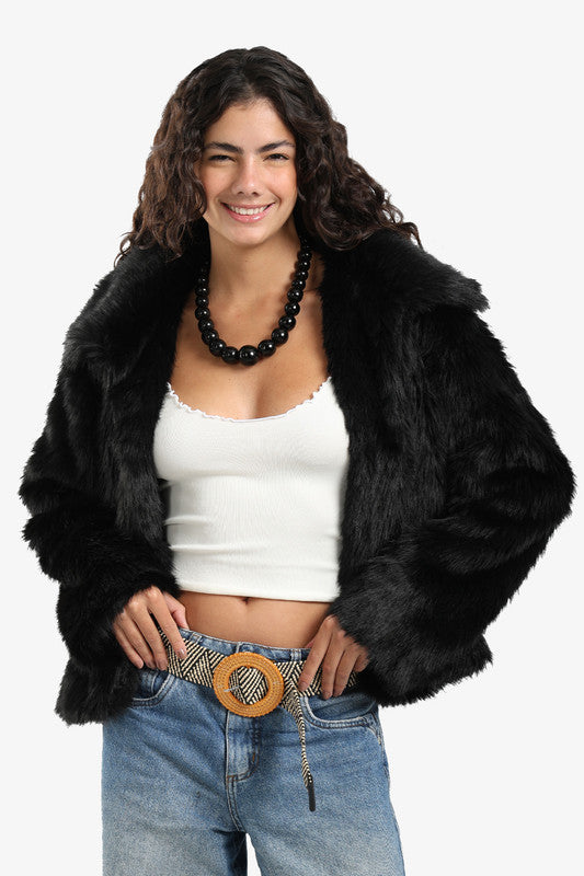 Sherpa Solid Open Neckline Jacket – Black