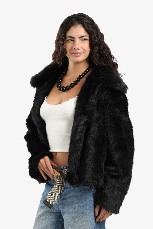 Sherpa Solid Open Neckline Jacket – Black