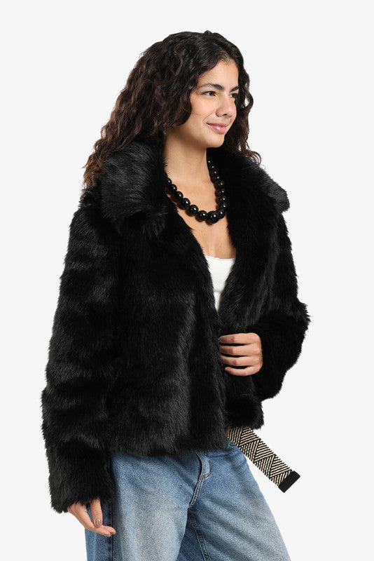 Sherpa Solid Open Neckline Jacket – Black