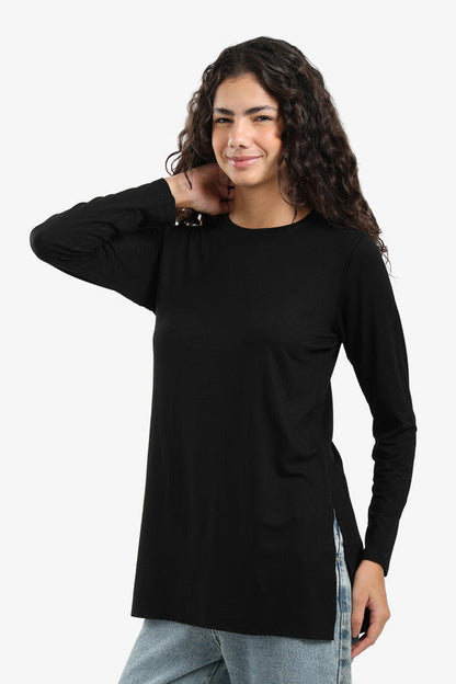 Poplin Solid Long Sleeve T-Shirt – Black