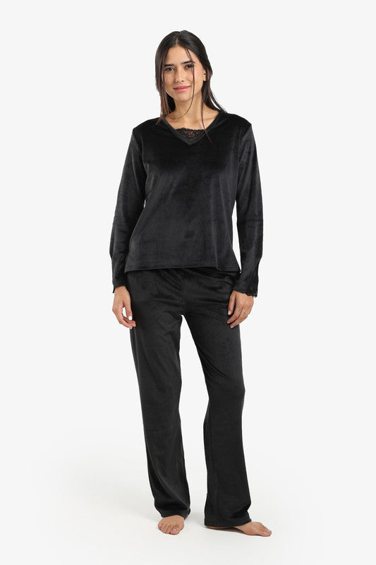 Velvet Solid Pyjama Set – Black