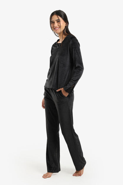 Velvet Solid Pyjama Set – Black