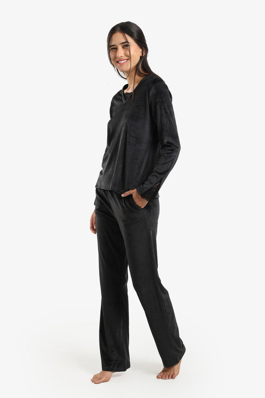 Velvet Solid Pyjama Set – Black