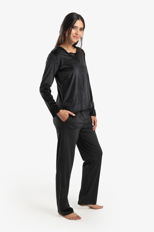 Velvet Solid Pyjama Set – Black