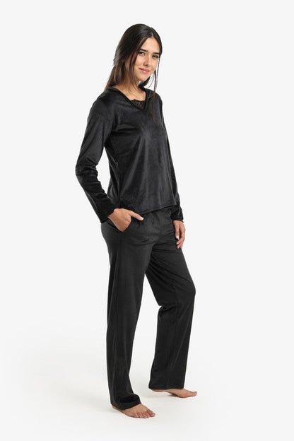 Velvet Solid Pyjama Set – Black