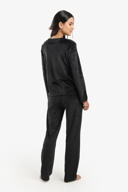 Velvet Solid Pyjama Set – Black