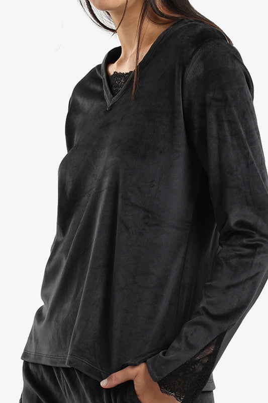 Velvet Solid Pyjama Set – Black