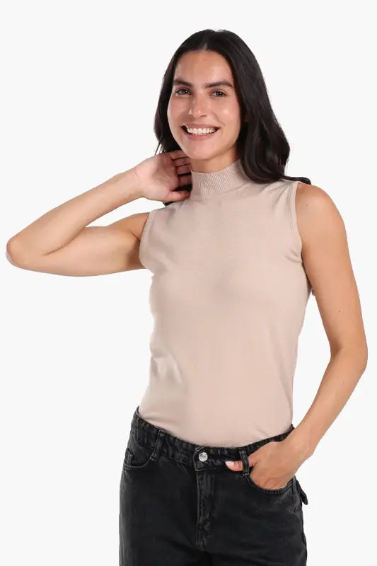 Wool Solid High Neck Sleeveless Pullover – Beige
