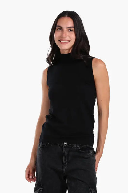 Wool Solid High Neck Sleeveless Pullover – Black